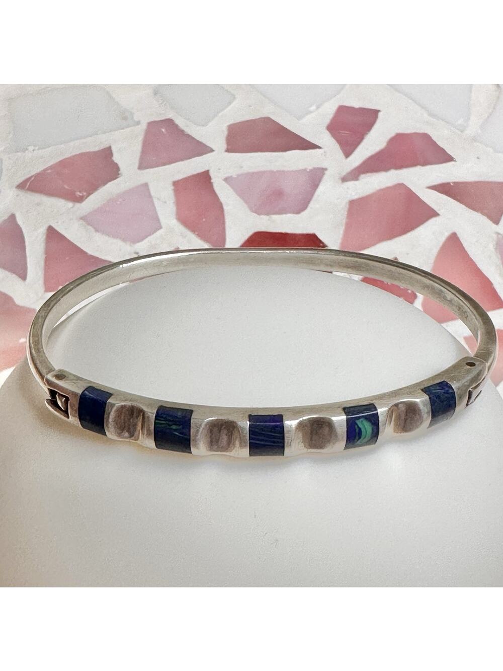 VTG Mexico Inlay Sterling Silver 925, Thin Hinged Bangle - 8.0" Blue Green 26g